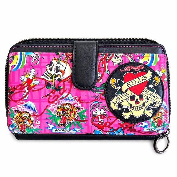 Ed Hardy Handbags - Ed Hardy Pink Tattoo Print Zip Around Wallet Love Kills Slowly Skull Tiger